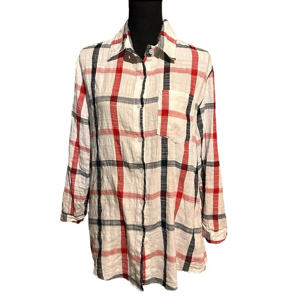 Adora Lightweight Red, Blue, and White Plaid Button Front Shirt Women's M Medium